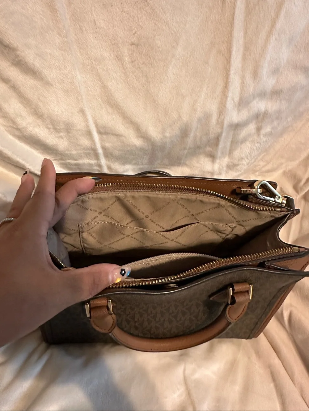 Michael Kors Brown and Black MK Logo  Sheila Satchel with Gold Charm